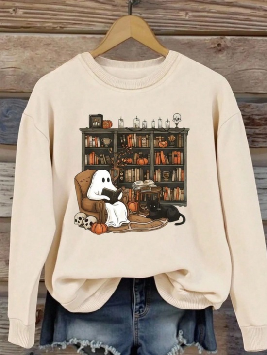 Gildan Tops - Sand Halloween Ghost & Black Cat Graphic Sweatshirt